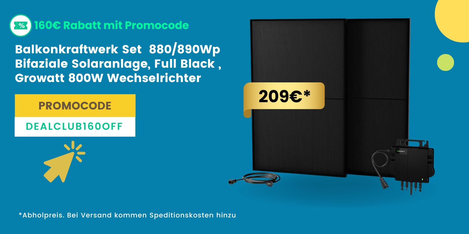 Balkonkraftwerk Set mit Halterung, 880/890Wp Bifaziale Solaranlage, Full Black Solarpaneel, Growatt 800W Wechselrichter