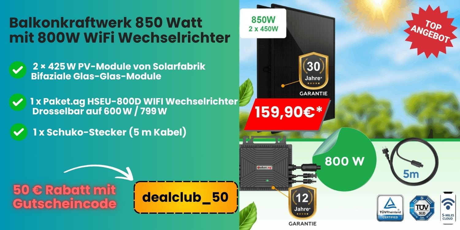 Balkonkraftwerk 850 Watt mit 800W WiFi Wechselrichter