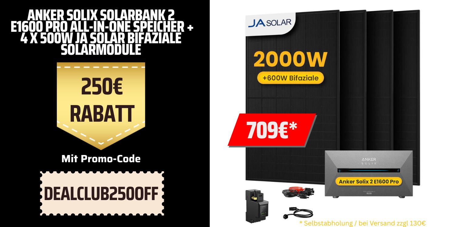 Anker SOLIX Solarbank 2 E1600 Pro All-in-One Speicher für Balkonkraftwerk, mit 4 x 500W JA Solar Bifaziale Solarmodule Anker SOLIX Solarbank 2 E1600 Pro All-in-One Speicher für Balkonkraftwerk, mit 4 x 500W JA Solar Bifaziale Solarmodule