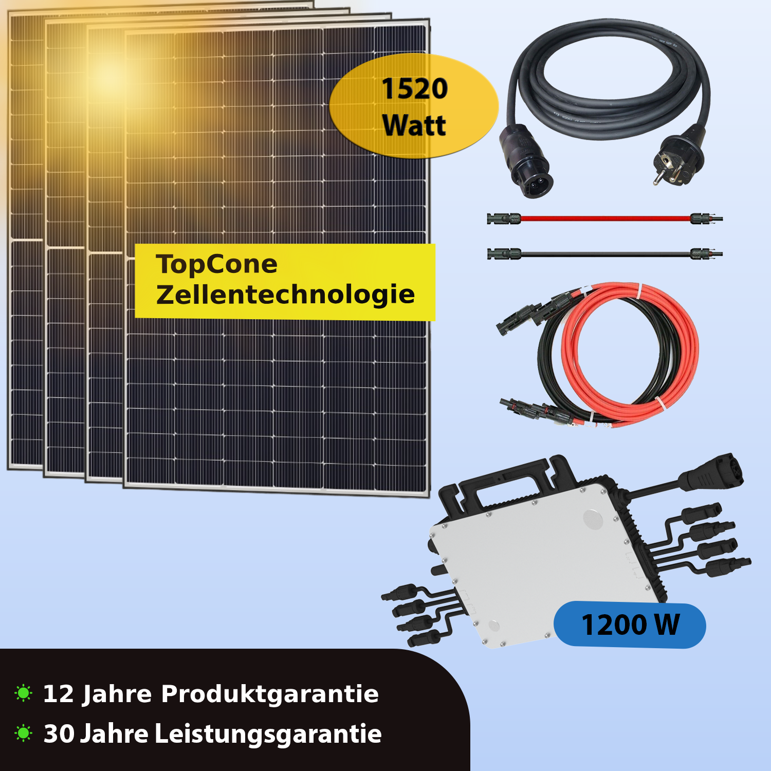 Balkonkraftwerk 1520 Watt. Austa Solar Module, echt Glas mit TopCon  Technologie. Wechselrichter Hoymiles HM 1200. Steckerfertig und kostenlos