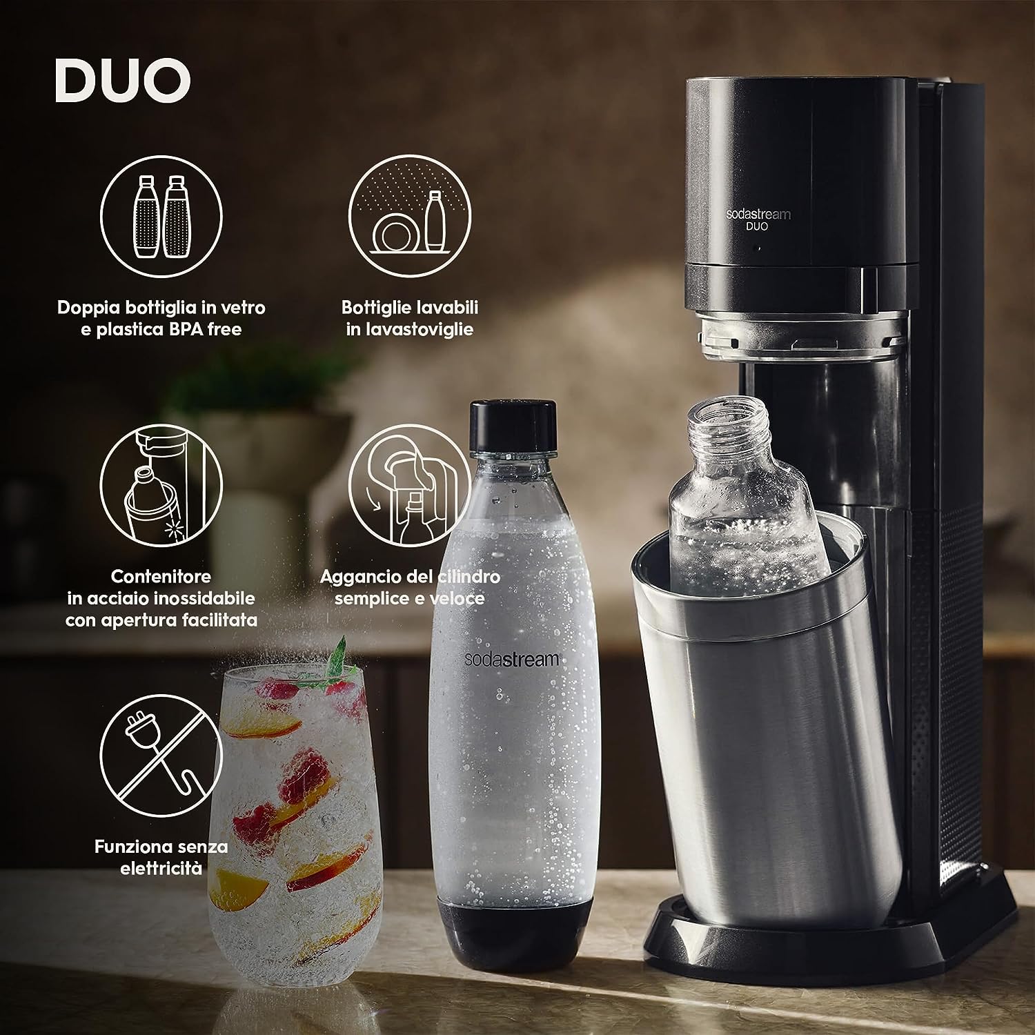Haushalt & Wohnen :: SodaStream Wassersprudler DUO mit CO2-Zylinder, 2x 1L  Glasflasche und 2x 1L spülmaschinenfeste Kunststoff-Flasche, Höhe: 44cm,  Farbe: Titan,