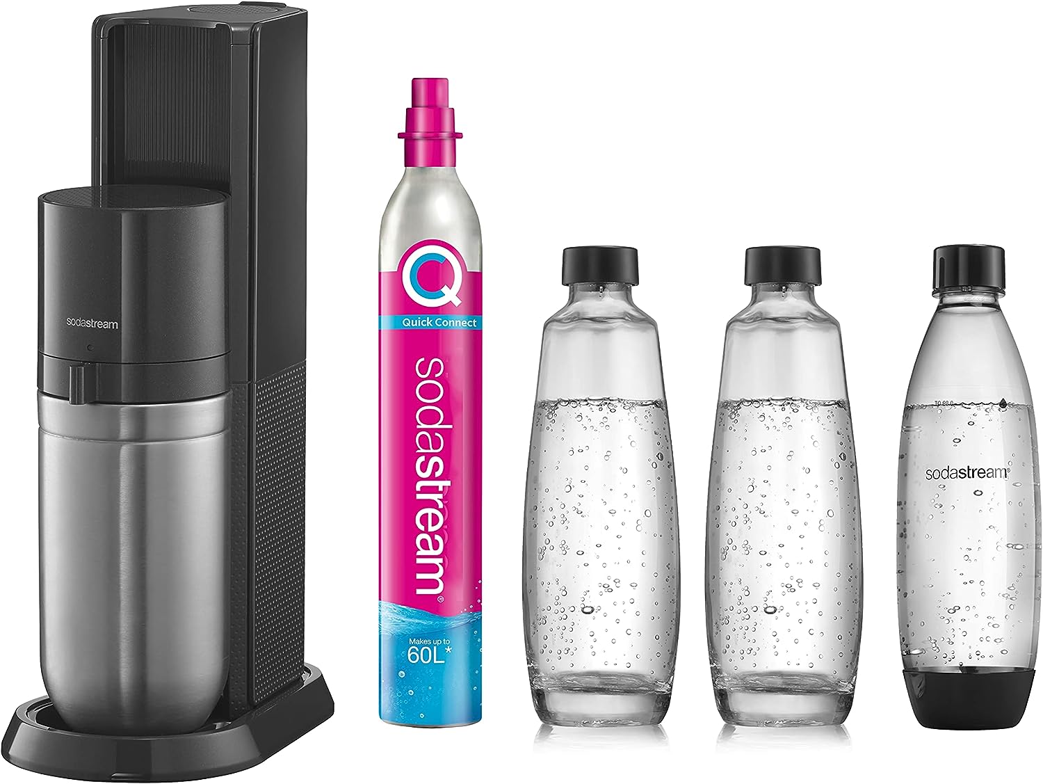 Haus & Garten :: SodaStream Wassersprudler DUO Vorteilspack mit 1x  Quick-Connect CO2-Zylinder, 2x 1L Glasflasche und 1x 1L spülmaschinenfeste  Kunststoff-Flasche, Höhe: 44cm, Farbe: Titan