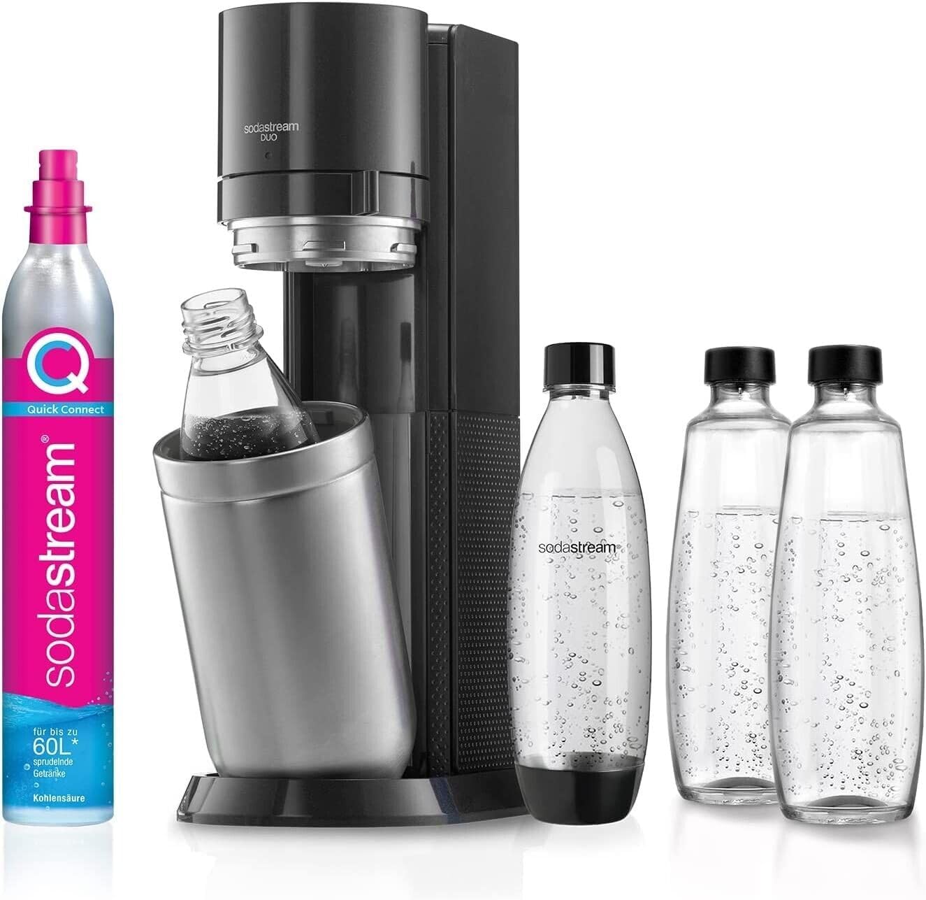 Haushalt & Wohnen mit Kunststoff-Flasche, 2x Titan, Glasflasche 1L spülmaschinenfeste 1L Wassersprudler DUO 44cm, Höhe: 2x Farbe: und SodaStream CO2-Zylinder, 