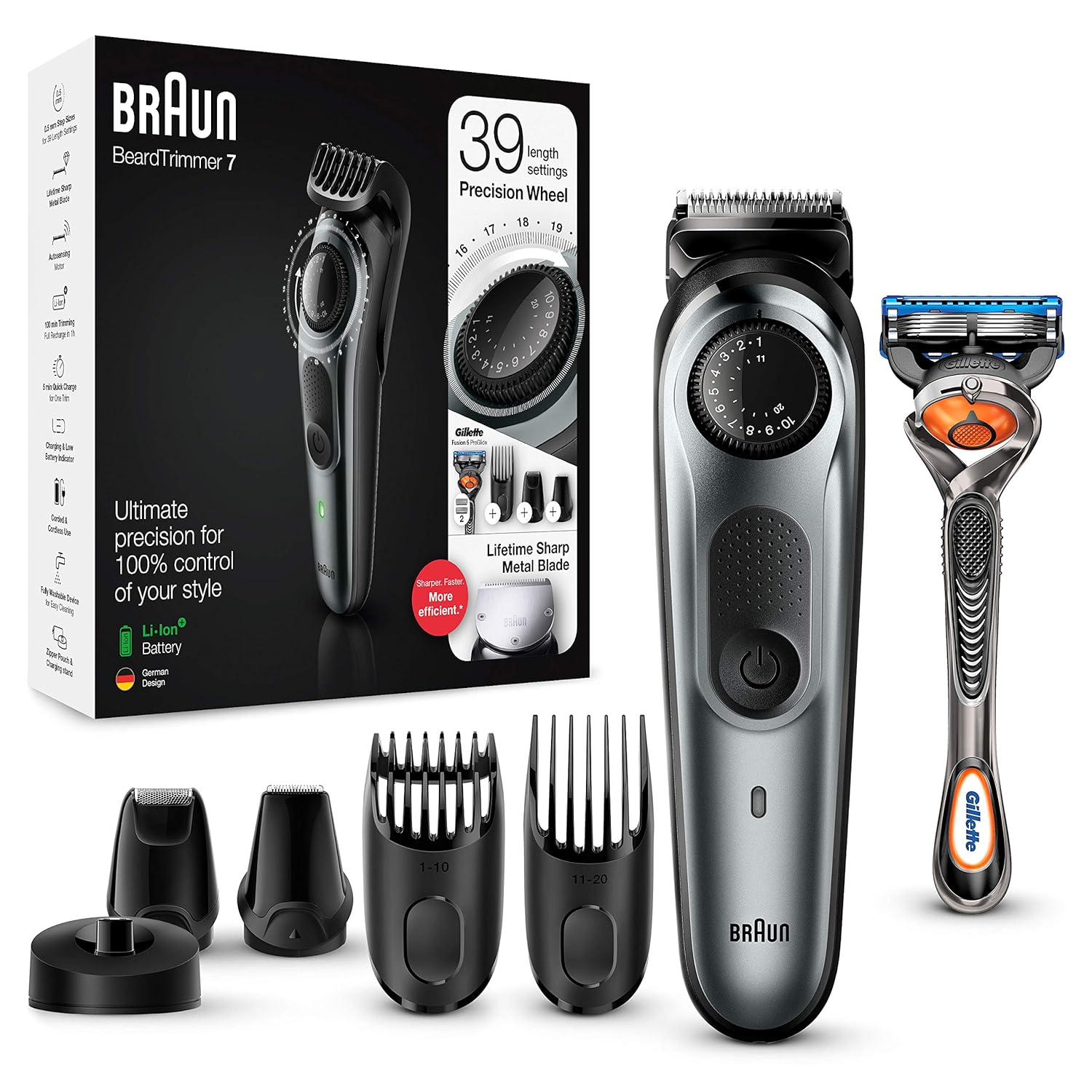 Braun Barttrimmer, Trimmer/Haarschneider Herren, Haarschneidemaschine  Profi, 40 Einstellungen, Ladestation, Reiseetui, Bartschablone, 100 Min.