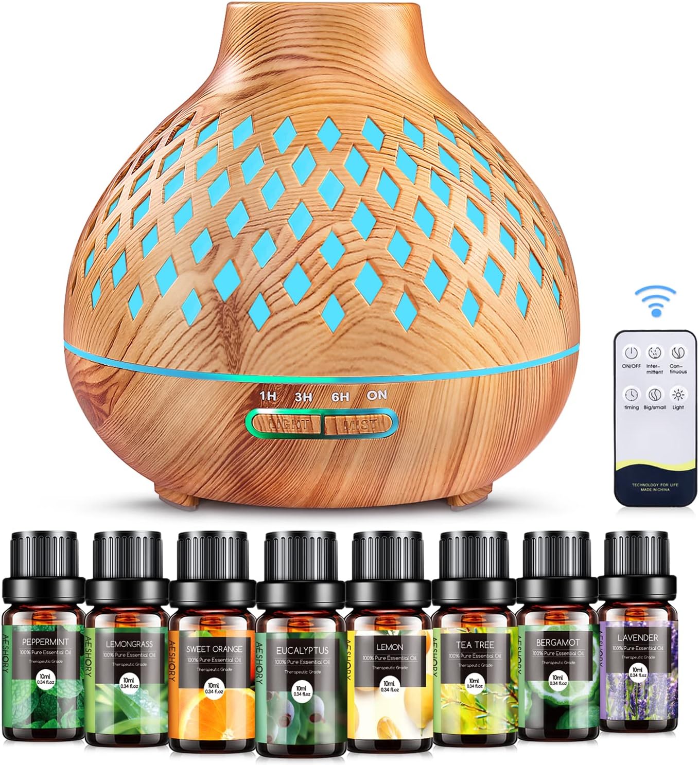 400ml Aroma Diffuser mit 8 * 10ml Ätherische Öle Set, 23dB Ultra Leise  Ultraschall Luftbefeuchter Aromatherapie Diffusor, 7 Farben LED,  Fernbedienung