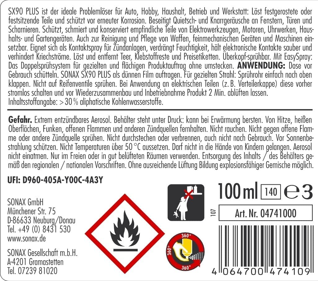 Auto & Motorrad :: 10er Pack SONAX SX90 Plus Multifunktionsöl mit EasySpray  (100 ml) extreme Schmierwirkung, schützt, konserviert, reinigt & pflegt,  silikonfrei, verharzt nicht, transparent